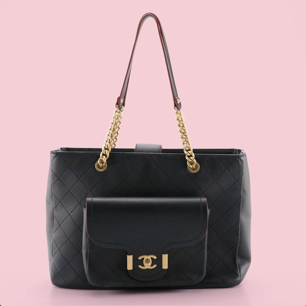 Chanel Black Calfskin Stitched Archi Chic Large Shopping Tote